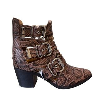 Miss Lola Brown Snake Print Heeled Boots